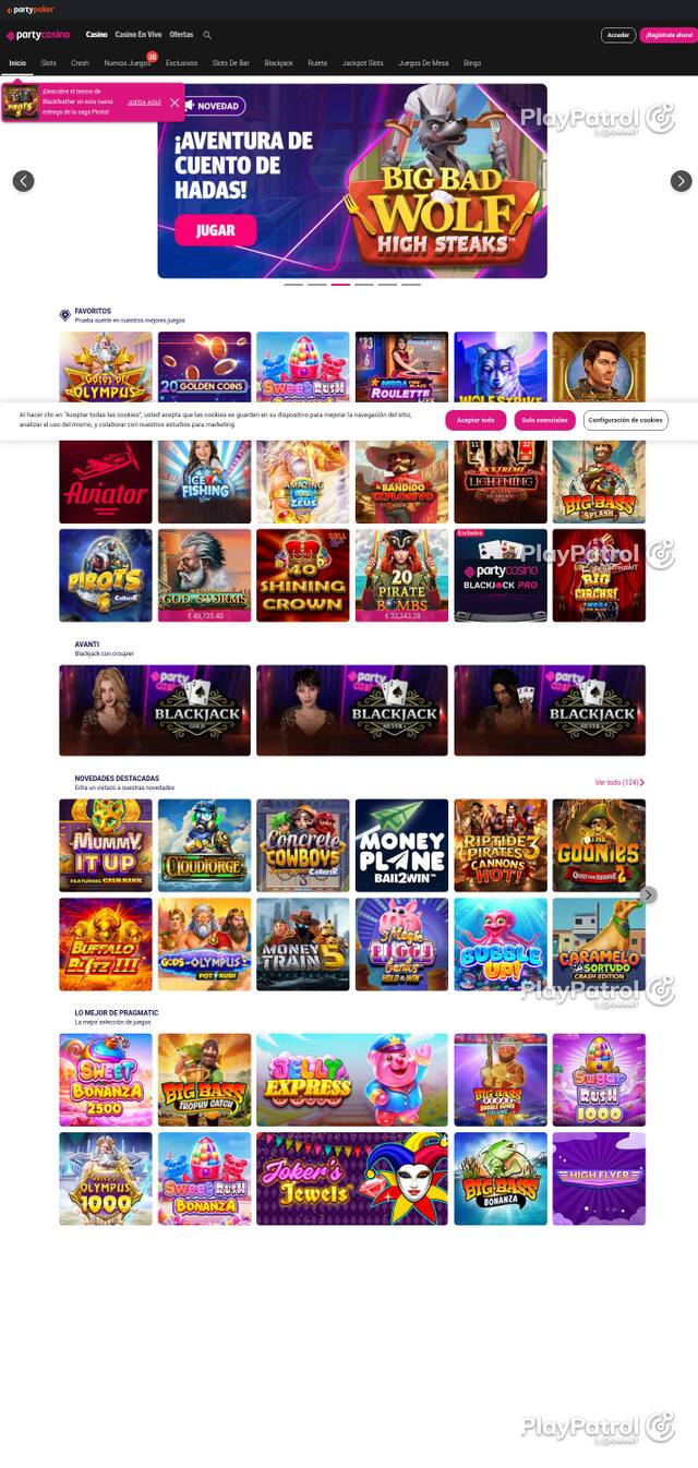 Homepage capture of PartyCasino recorded during the scan