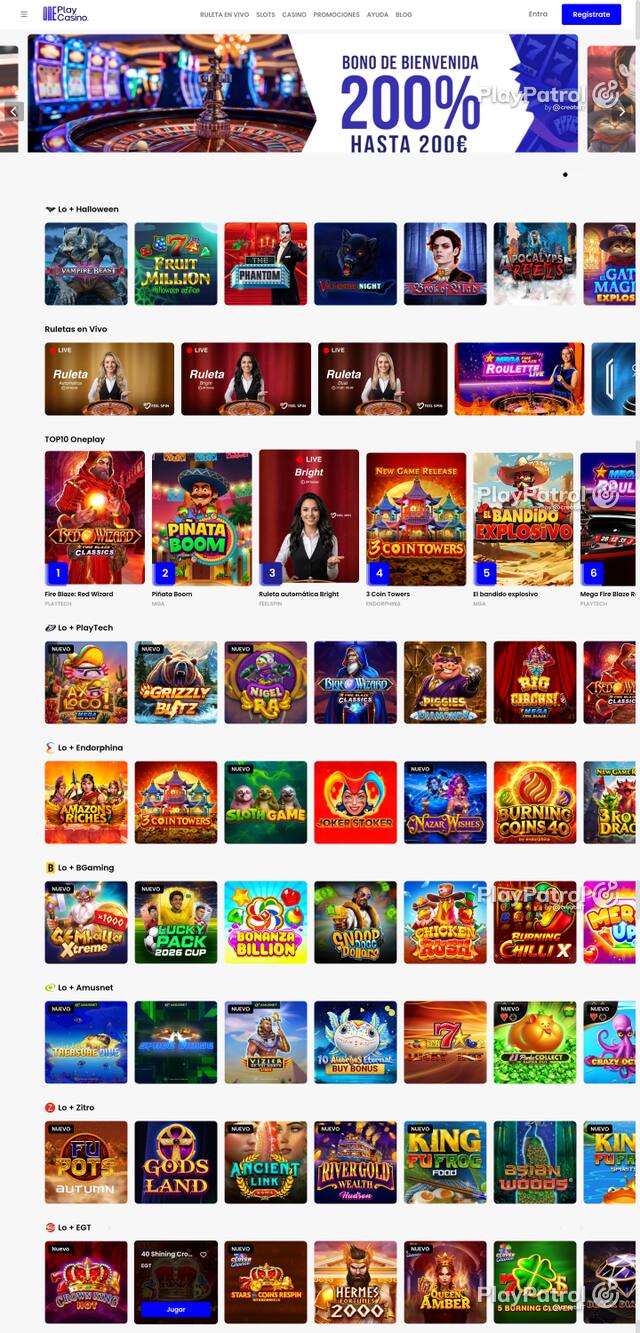 Front page of OnePlay Casino as captured on 29 October 2026