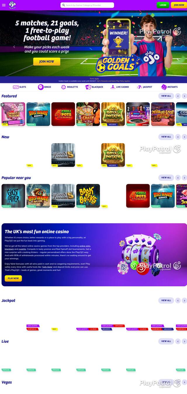 Homepage capture of PlayOJO recorded during the scan
