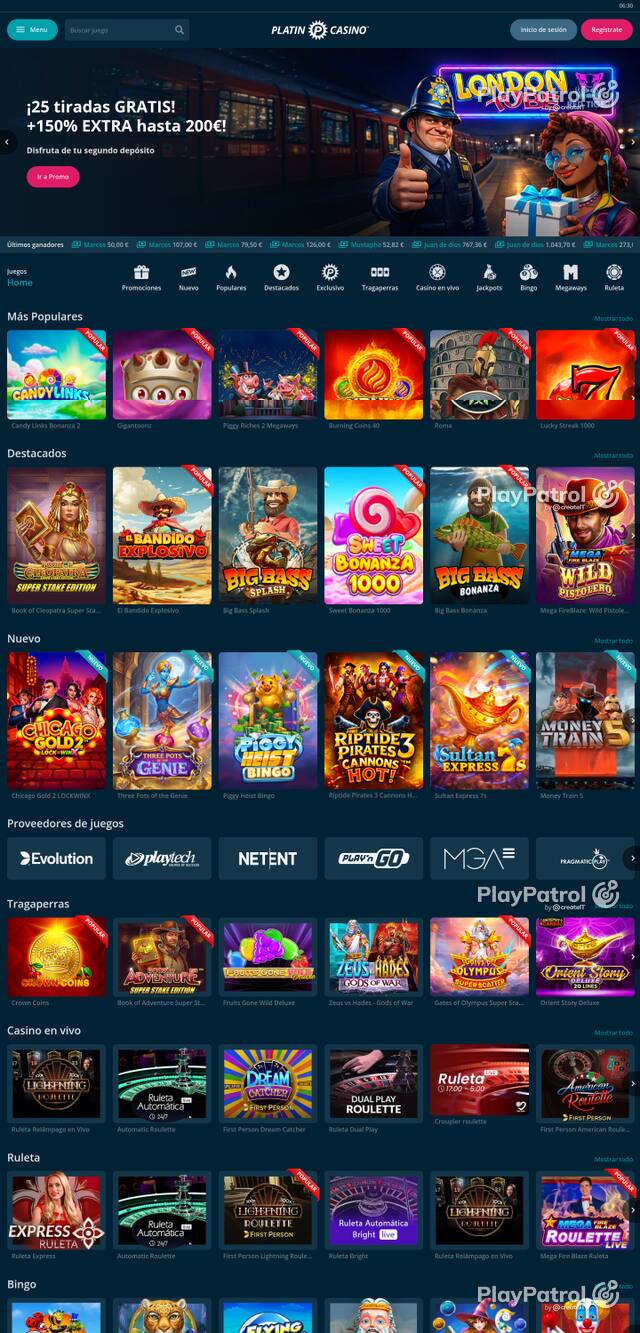 Capture of the front page of Platin Casino (platincasino.es) on 16 October 2026