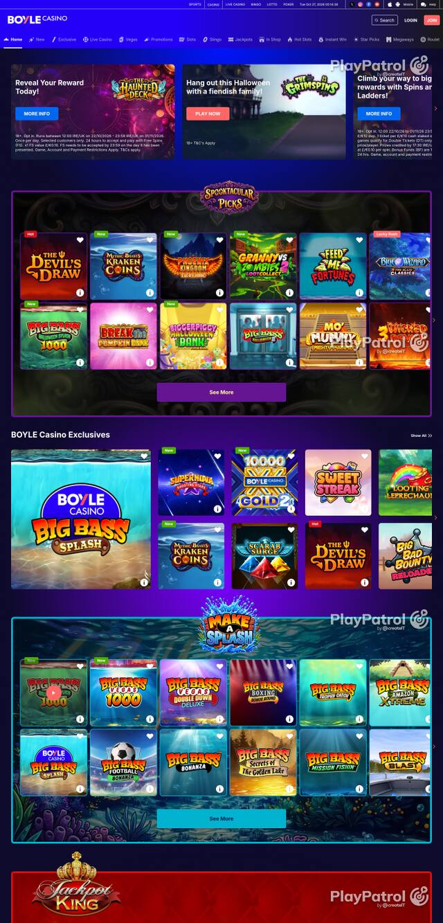 Capture of the front page of BoyleSports Casino (games.boylesports.com) on 27 October 2026