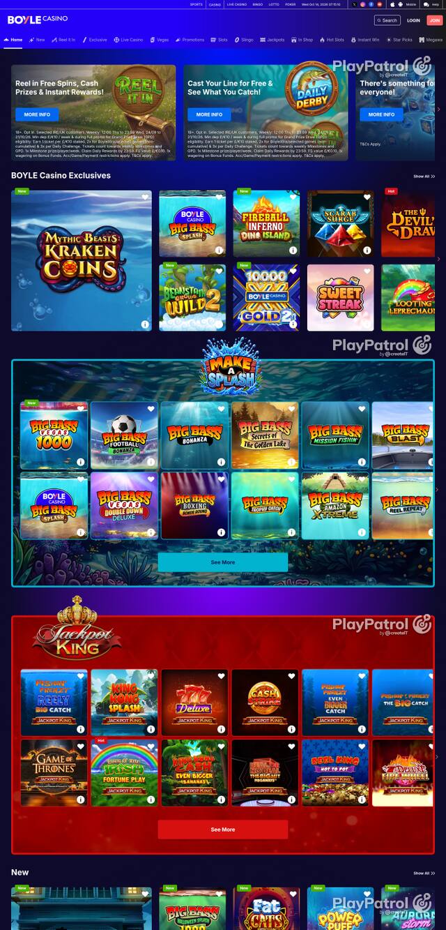 Capture of the front page of BoyleSports Casino (games.boylesports.com) on 14 October 2026