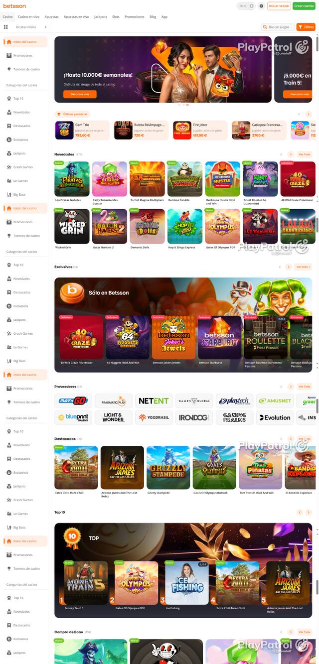 Capture of the front page of Betsson (betsson.es) on 11 October 2026