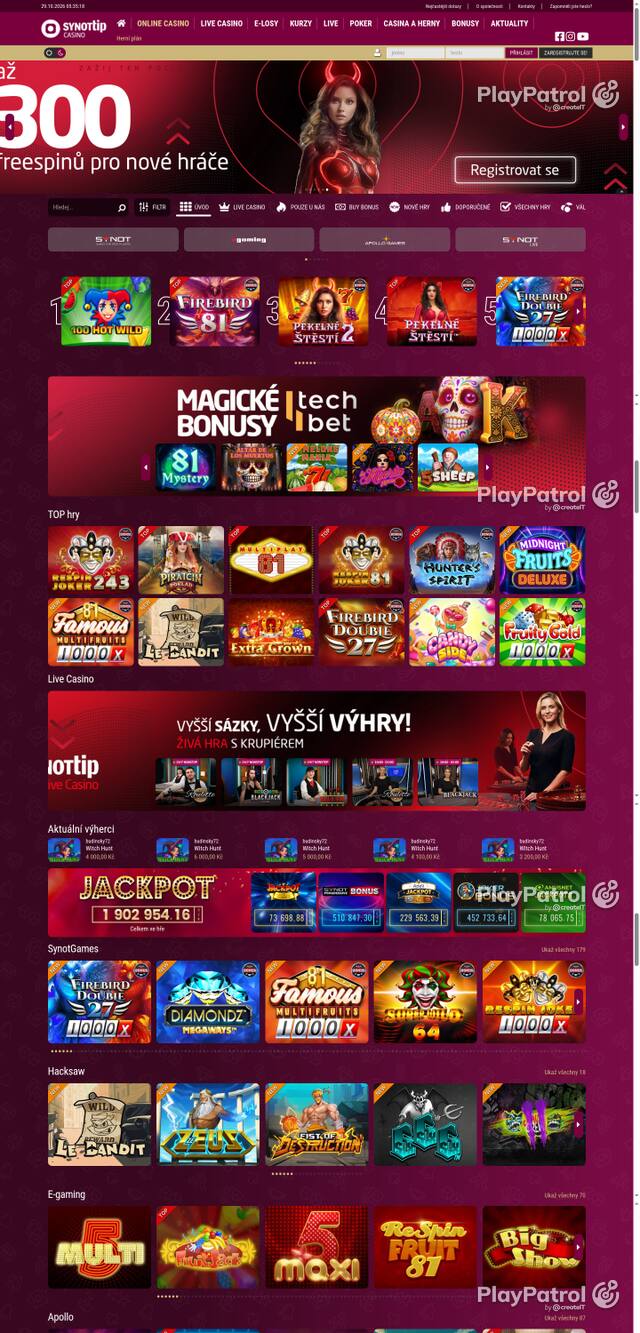 Capture of the front page of Synot Tip (casino.synottip.cz) on 29 October 2026