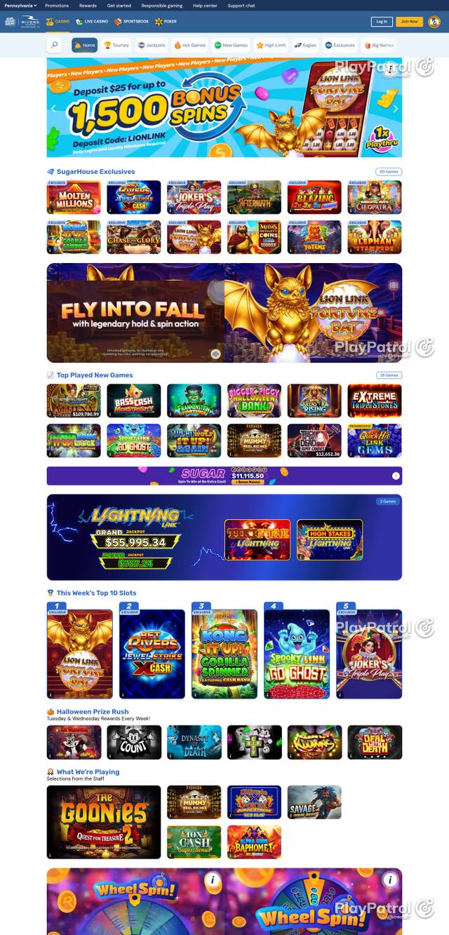 Front page of pa.playsugarhouse.com as captured on 28 October 2026