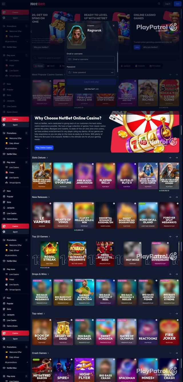 Capture of the front page of NetBet Casino (netbet.co.uk) on 9 October 2026