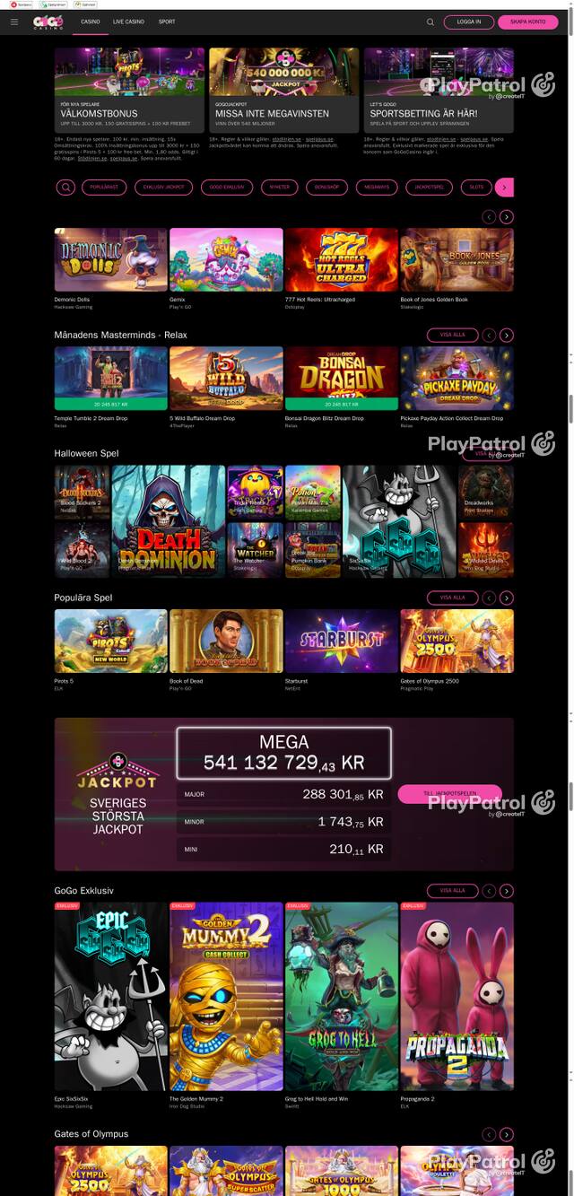 Capture of the front page of gogocasino.com (gogocasino.com) on 18 October 2026