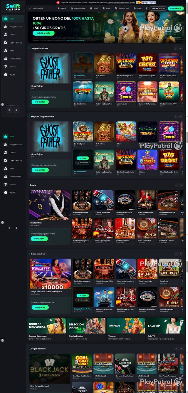 Capture of the front page of Swift Casino (swiftcasino.es) on 16 October 2026