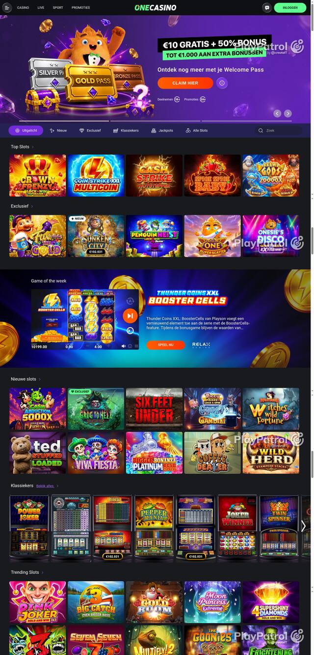Capture of the front page of One Casino (nl.onecasino.com) on 21 October 2026