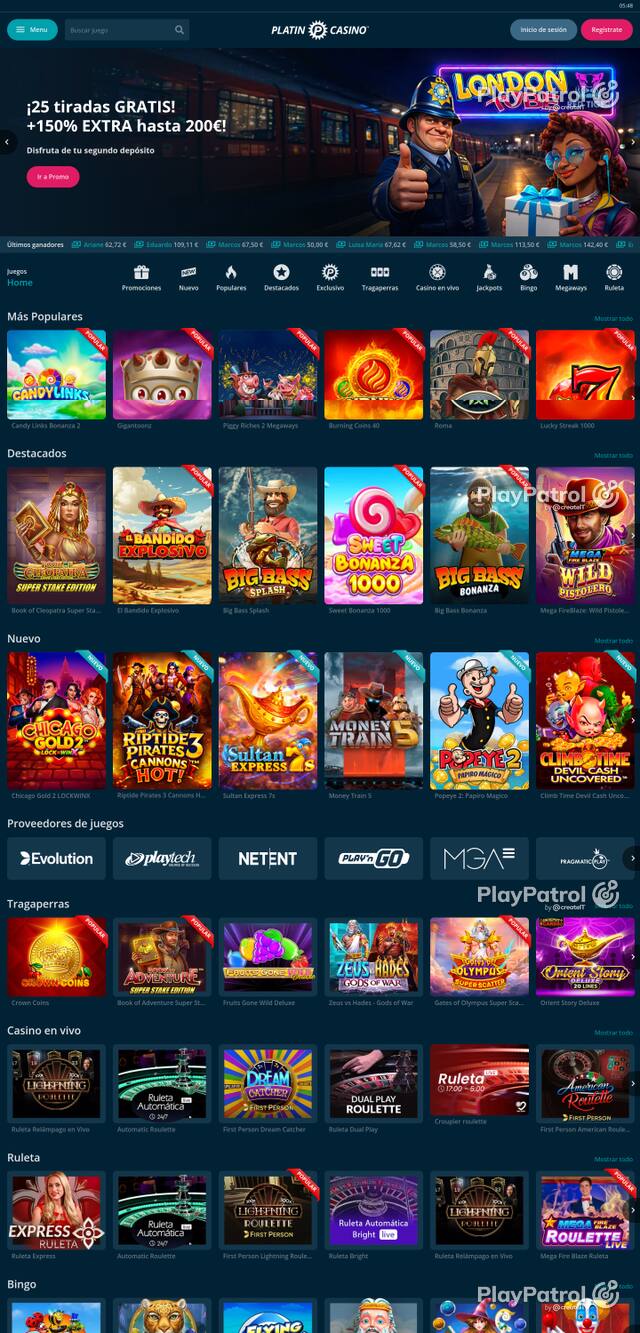 Capture of the front page of Platin Casino (platincasino.es) on 17 October 2026