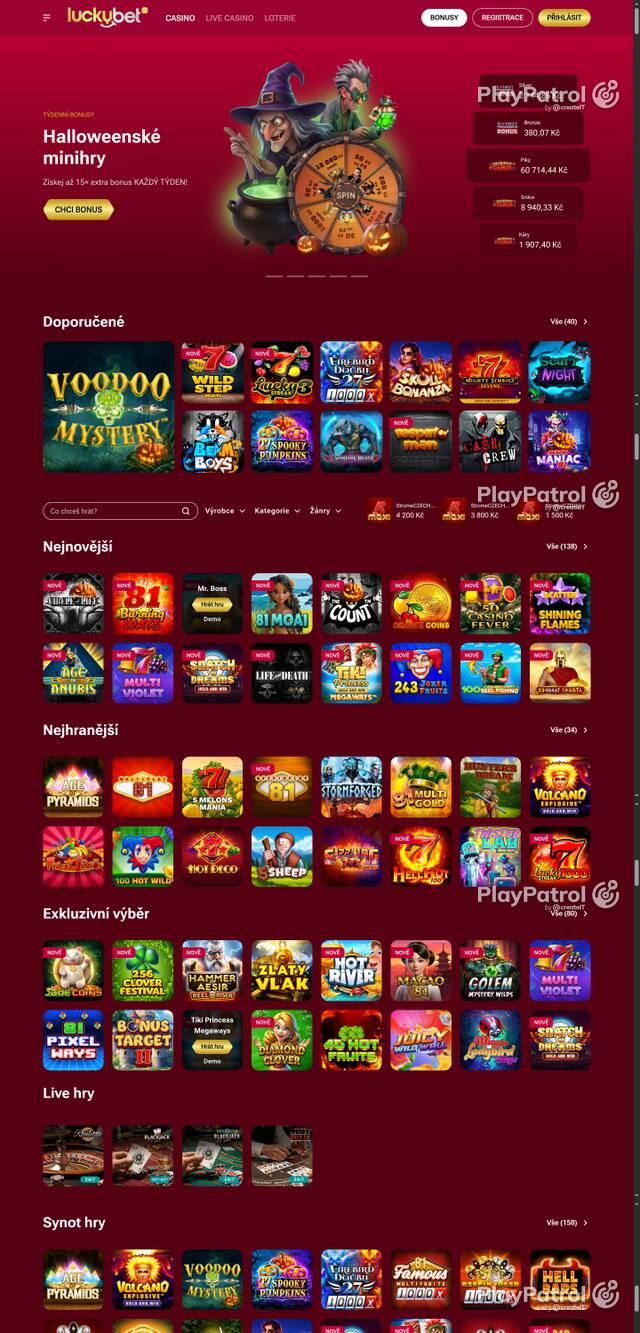 Capture of the front page of LuckyBet (luckybet.cz) on 25 October 2026