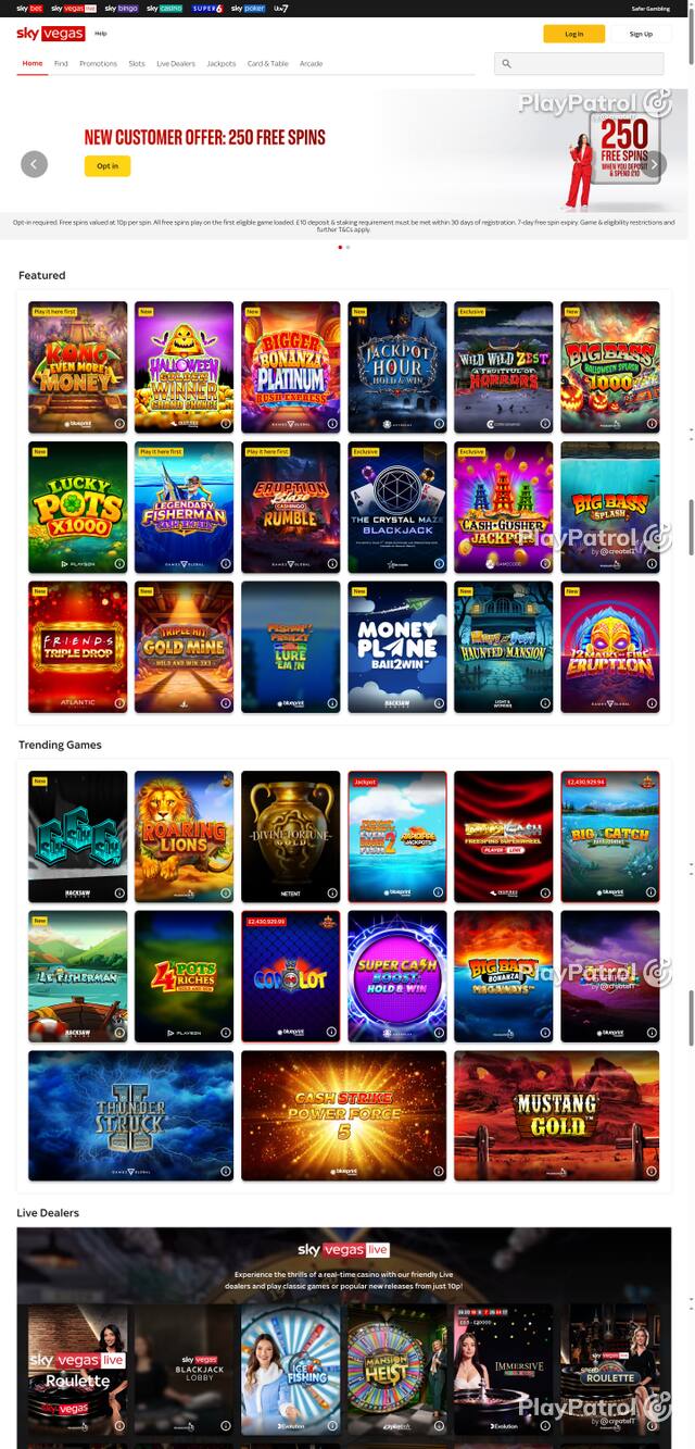 Capture of the front page of Sky Vegas (skyvegas.com) on 24 October 2026