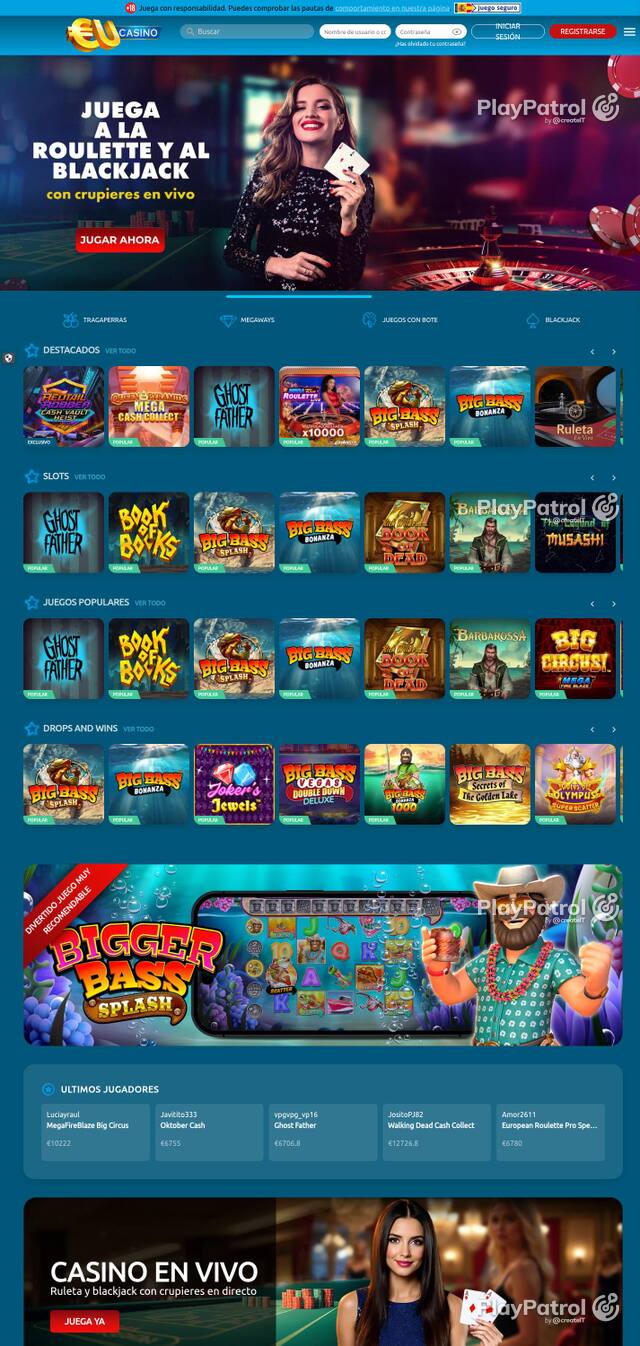Capture of the front page of EU Casino (eucasino.es) on 3 October 2026