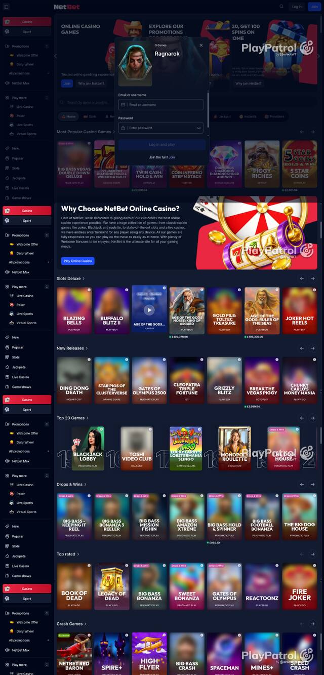 Capture of the front page of NetBet Casino (netbet.co.uk) on 7 October 2026