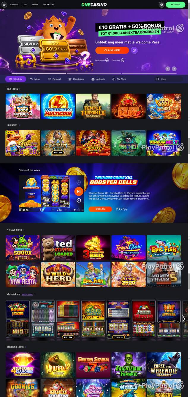 Capture of the front page of One Casino (nl.onecasino.com) on 20 October 2026