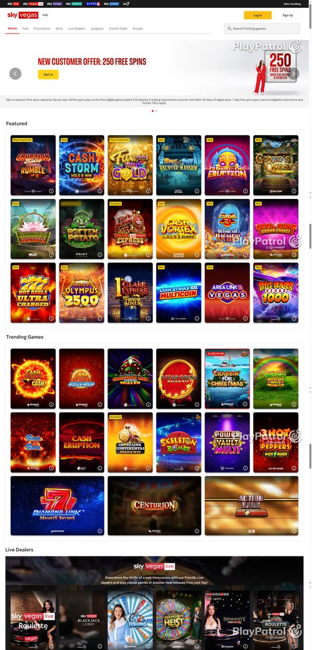 Capture of the front page of Sky Vegas (skyvegas.com) on 10 October 2026