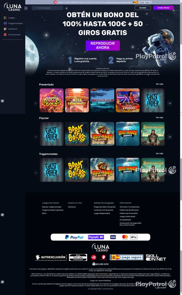 Capture of the front page of Luna Casino (lunacasino.es) on 17 October 2026