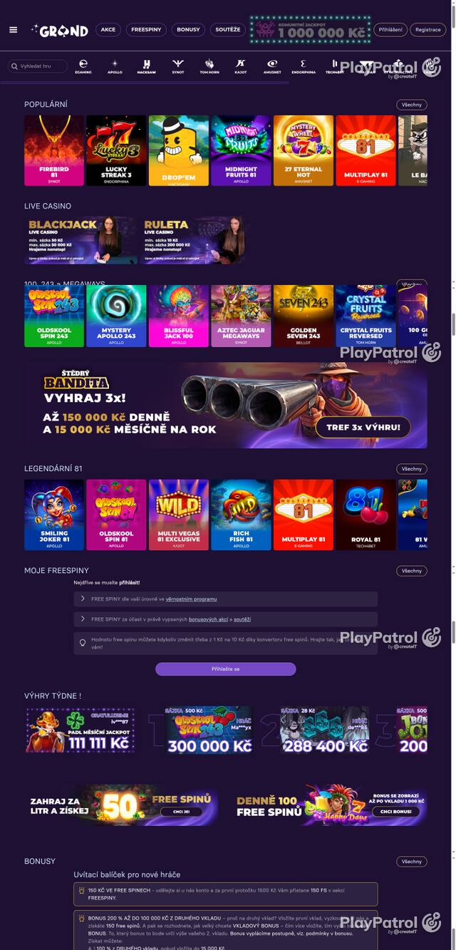 Capture of the front page of GrandWin (grandwin.cz) on 8 October 2026