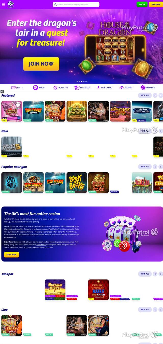 Capture of the front page of PlayOJO (playojo.com) on 4 October 2026