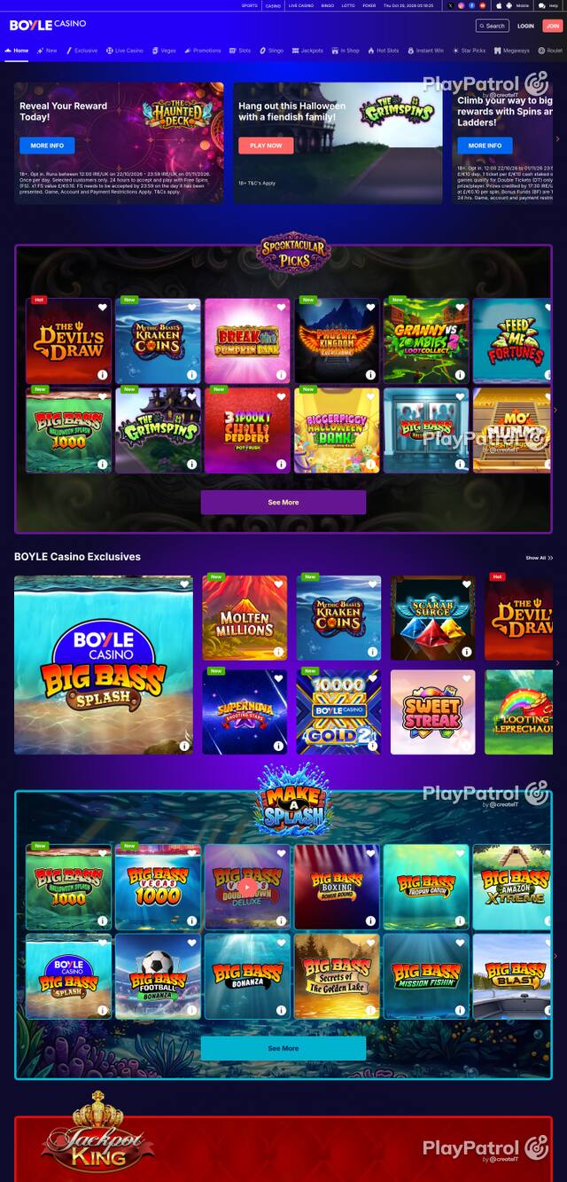 Front page of BoyleSports Casino as captured on 29 October 2026