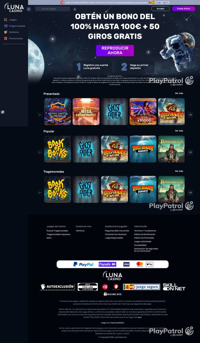 Homepage capture of Luna Casino recorded during the scan