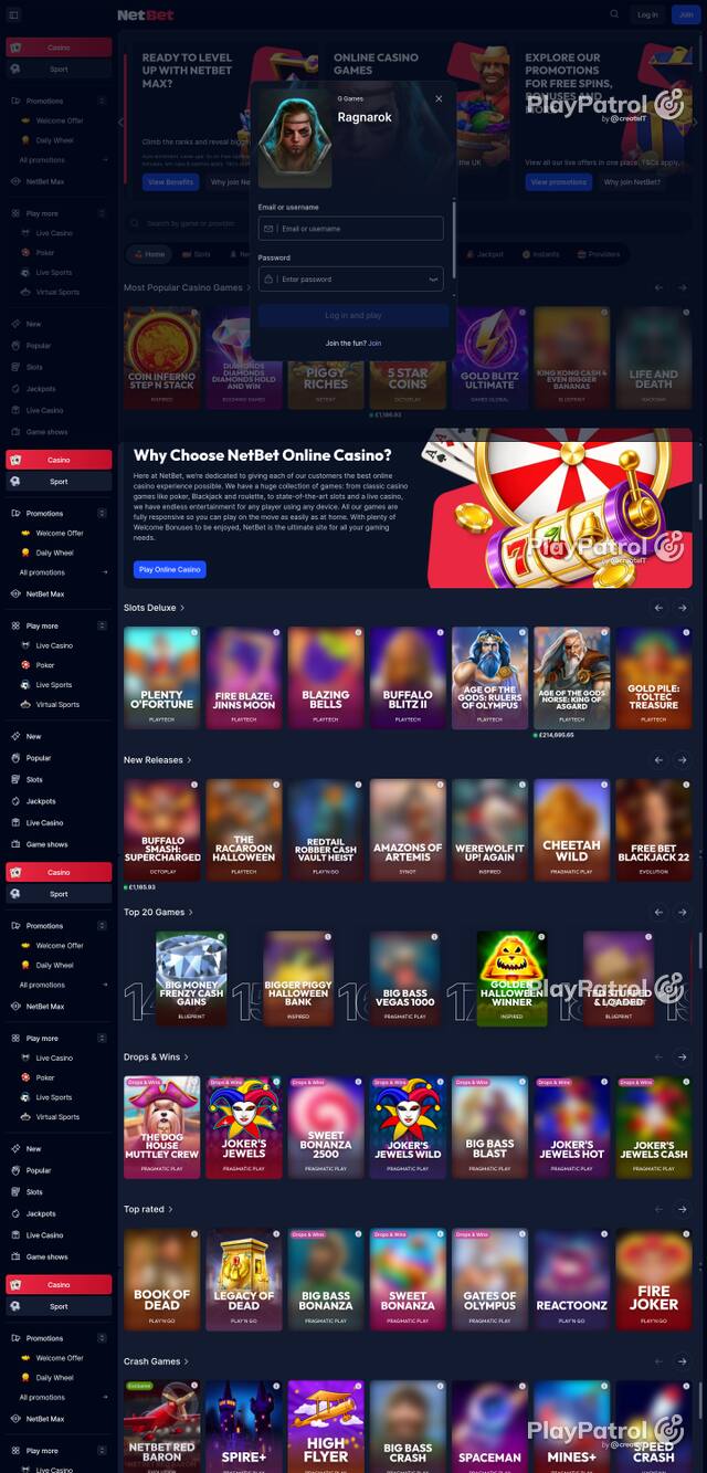 Capture of the front page of NetBet Casino (netbet.co.uk) on 20 October 2026