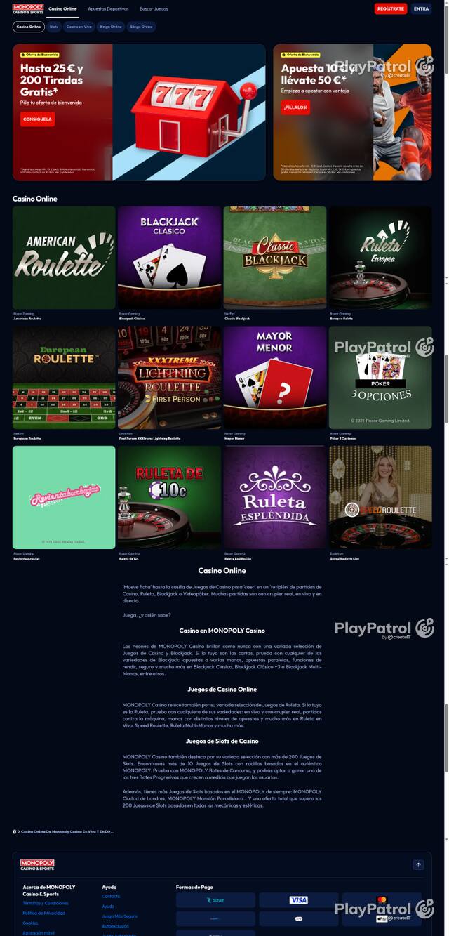Capture of the front page of Monopoly Casino (monopolycasino.es) on 29 October 2026