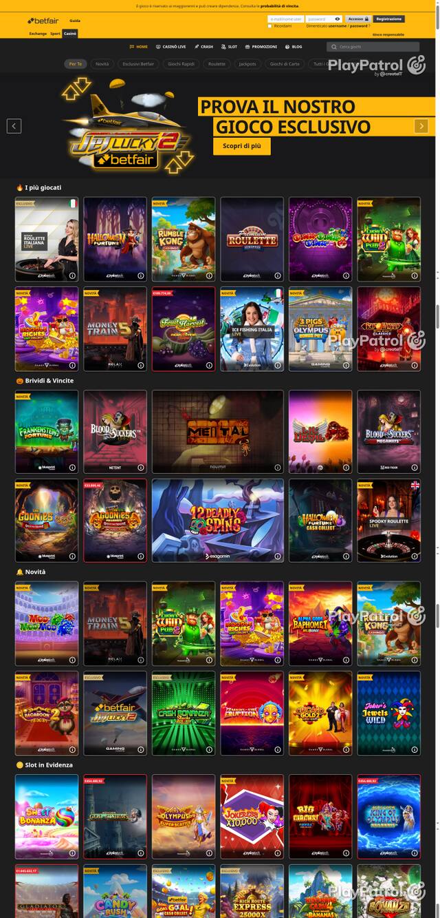 Capture of the front page of Betfair (casino.betfair.it) on 23 October 2026
