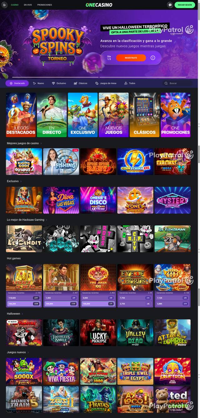 Capture of the front page of One Casino (onecasino.es) on 17 October 2026