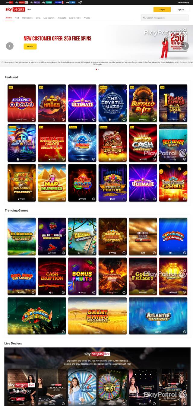Homepage capture of Sky Vegas recorded during the scan