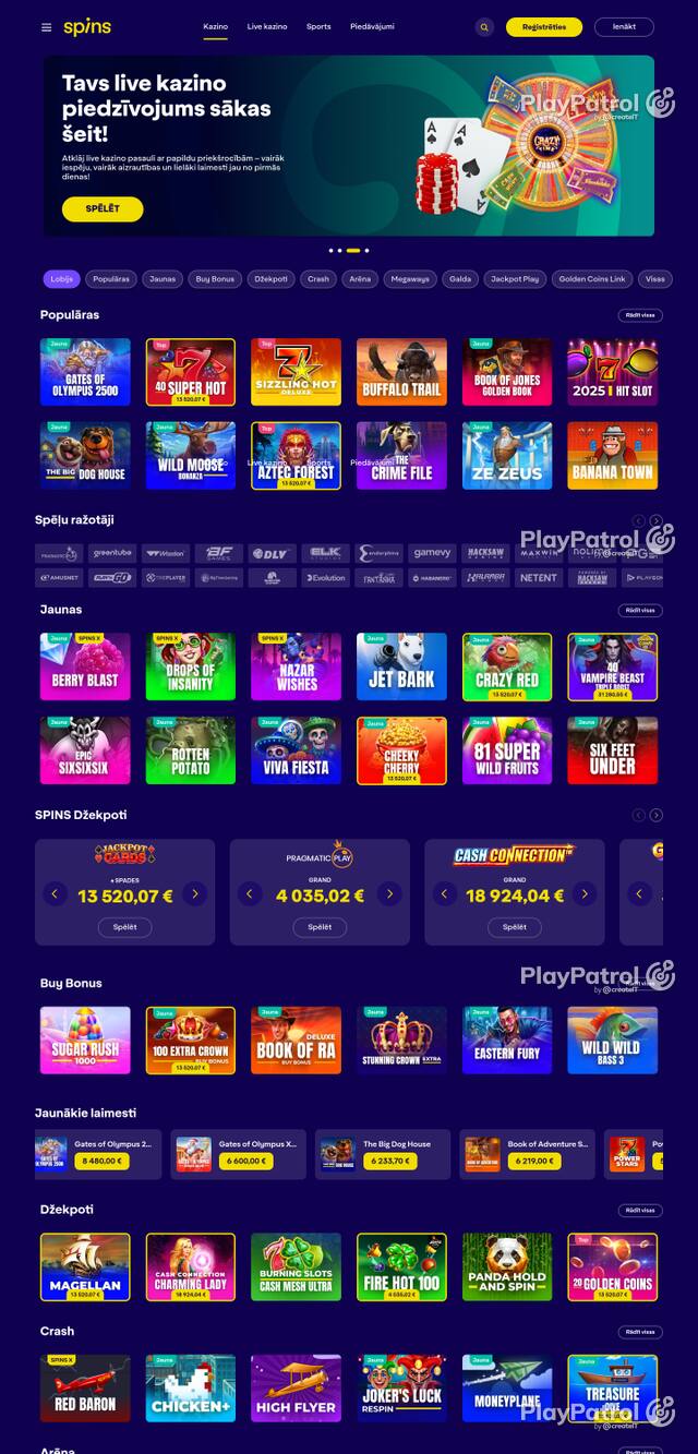 Capture of the front page of spins.lv (spins.lv) on 24 October 2026