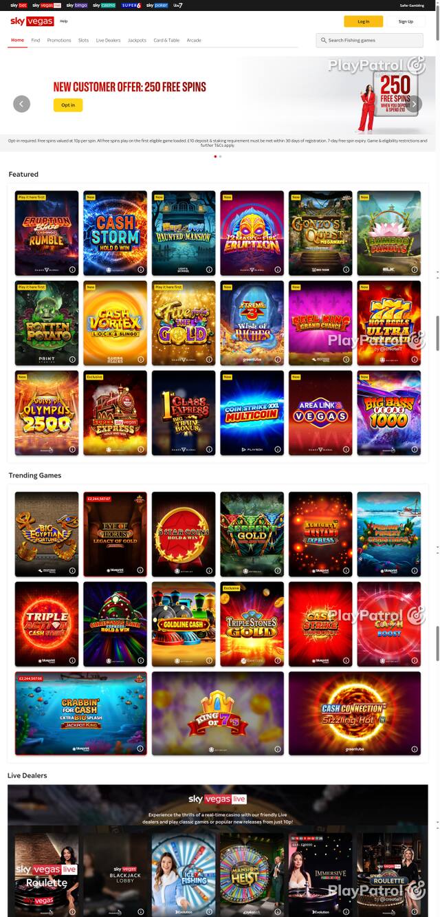 Capture of the front page of Sky Vegas (skyvegas.com) on 9 October 2026