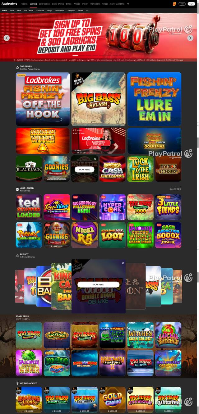 Capture of the front page of Ladbrokes (casino.ladbrokes.com) on 18 October 2026