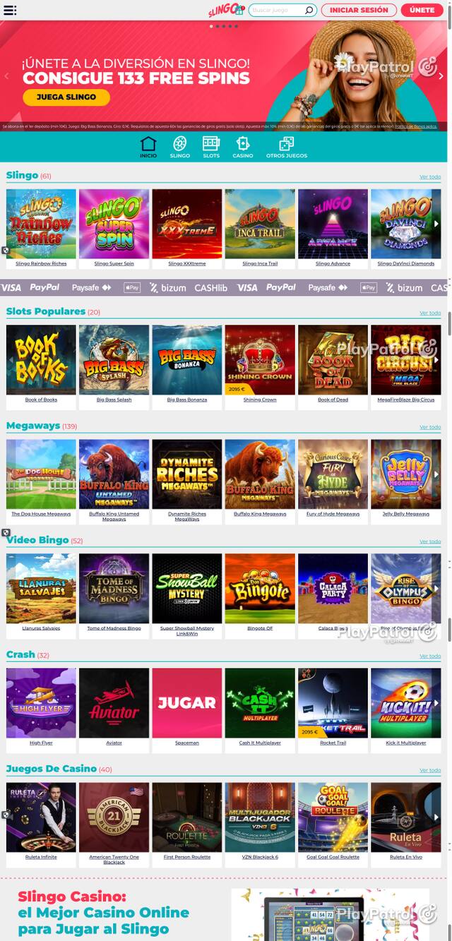 Capture of the front page of Slingo Casino (slingocasino.es) on 6 October 2026