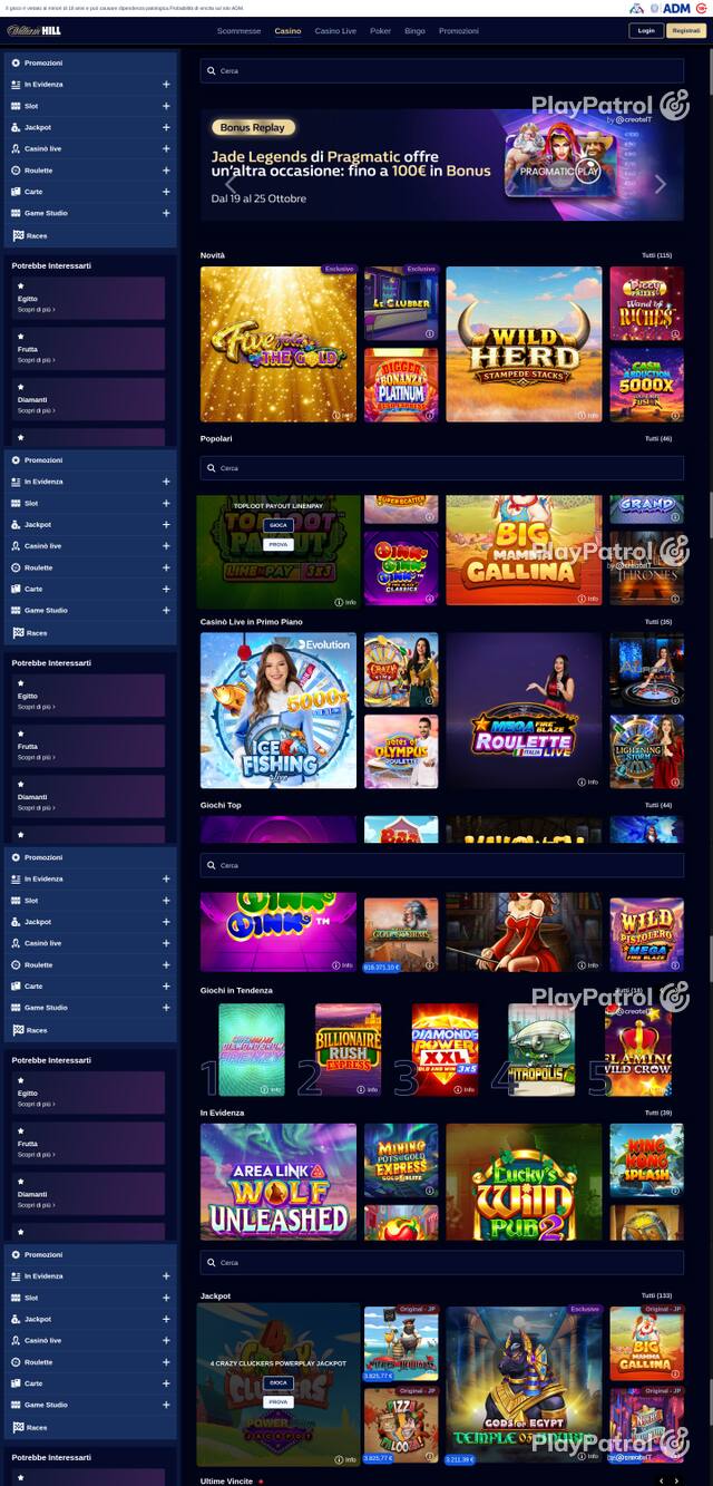 Capture of the front page of William Hill (casino.williamhill.it) on 24 October 2026
