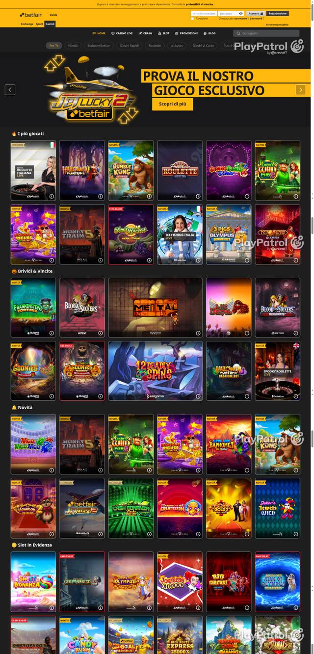 Capture of the front page of Betfair (casino.betfair.it) on 26 October 2026