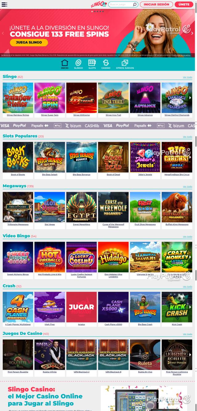 Capture of the front page of Slingo Casino (slingocasino.es) on 20 October 2026