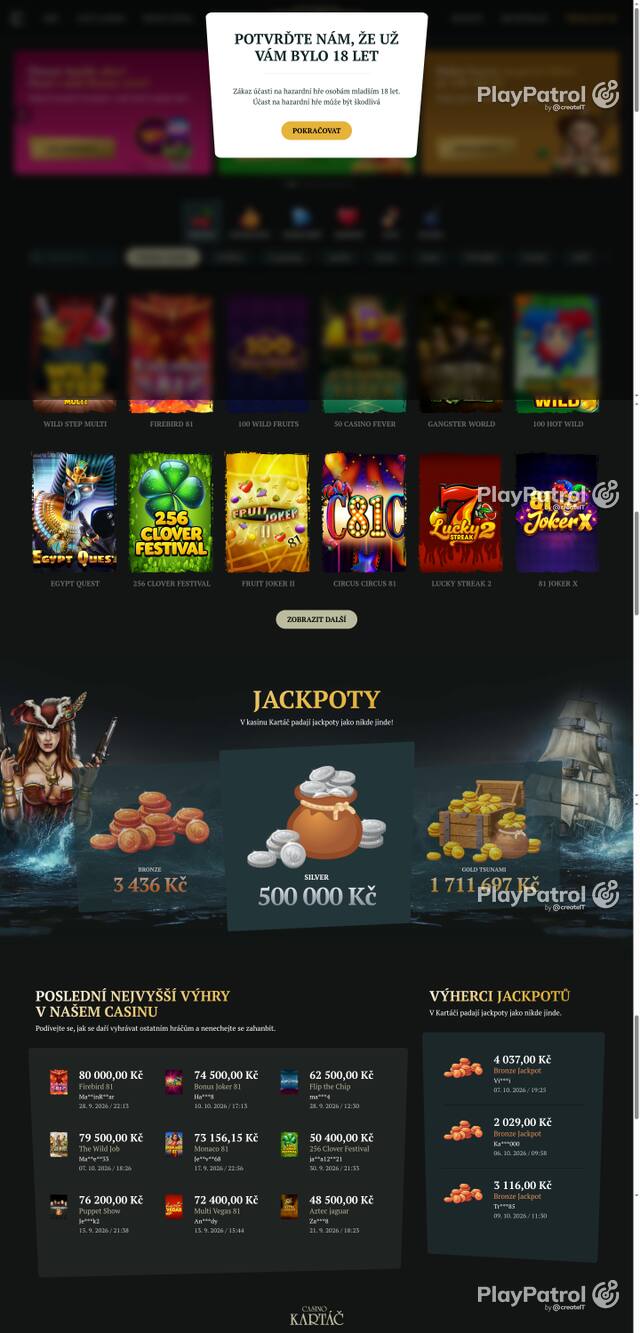 Capture of the front page of Casino Kartac (casino-kartac.cz) on 13 October 2026