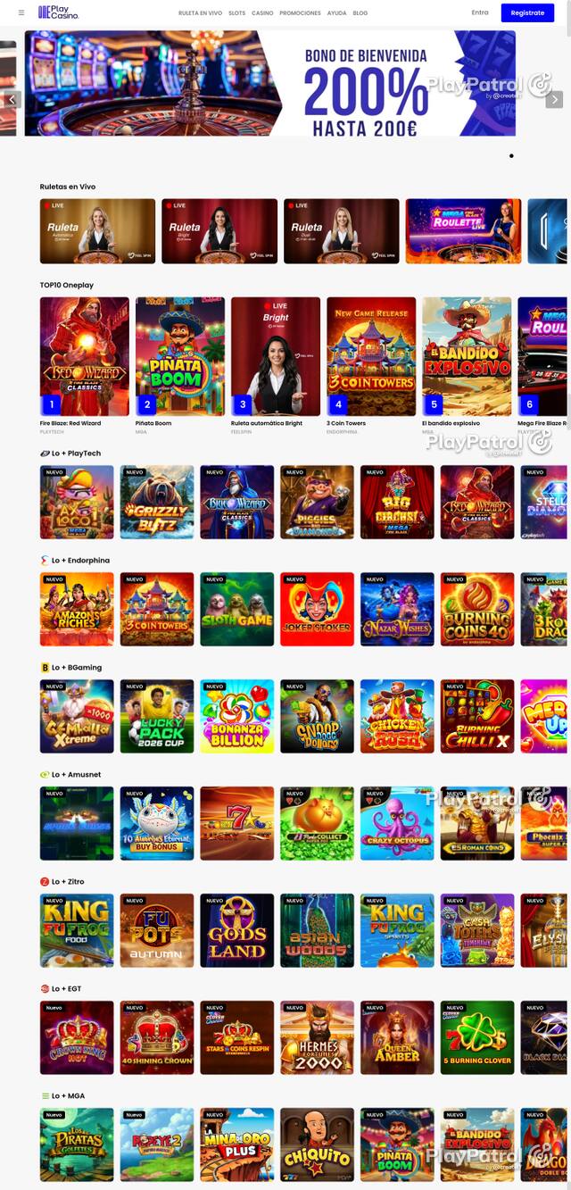 Capture of the front page of OnePlay Casino (oneplaycasino.es) on 19 October 2026