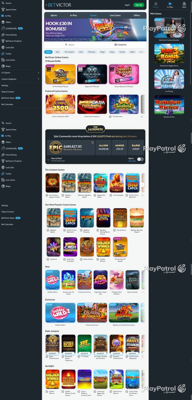 Capture of the front page of BetVictor Casino (betvictor.com) on 9 October 2026