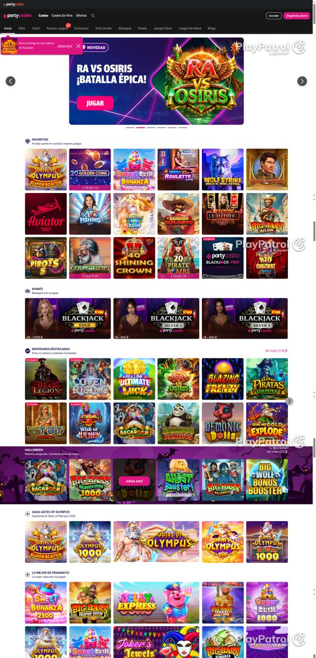Capture of the front page of PartyCasino (partycasino.es) on 21 October 2026