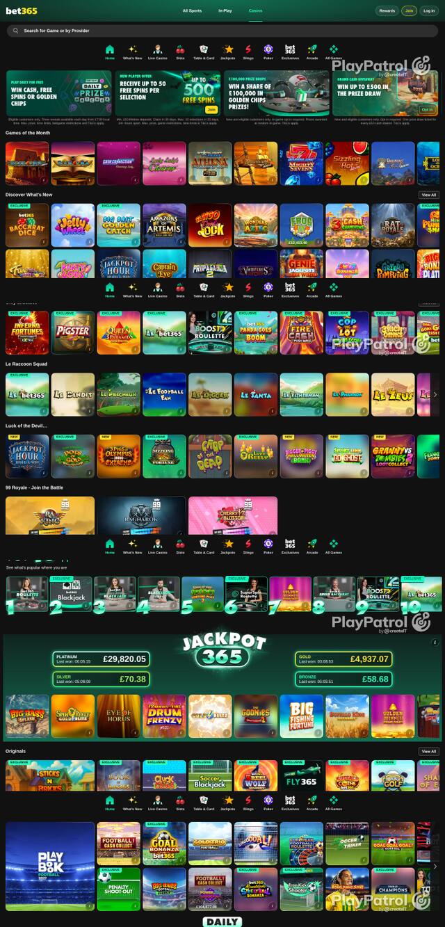Front page of bet365 Casino as captured on 28 October 2026