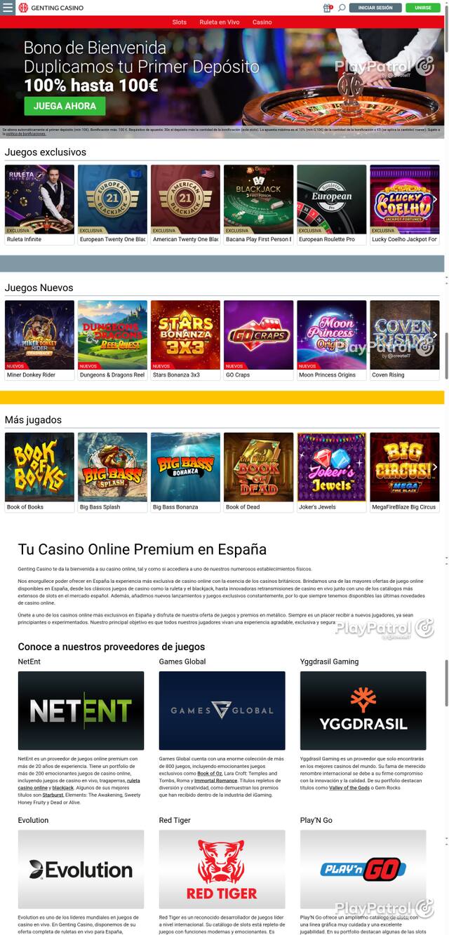Capture of the front page of Genting Casino (gentingcasino.es) on 20 October 2026