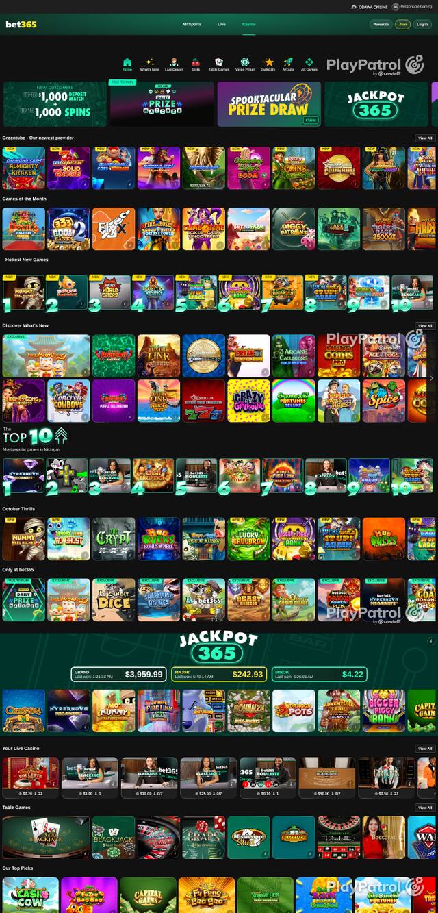 Front page of casino.mi.bet365.com as captured on 29 October 2026