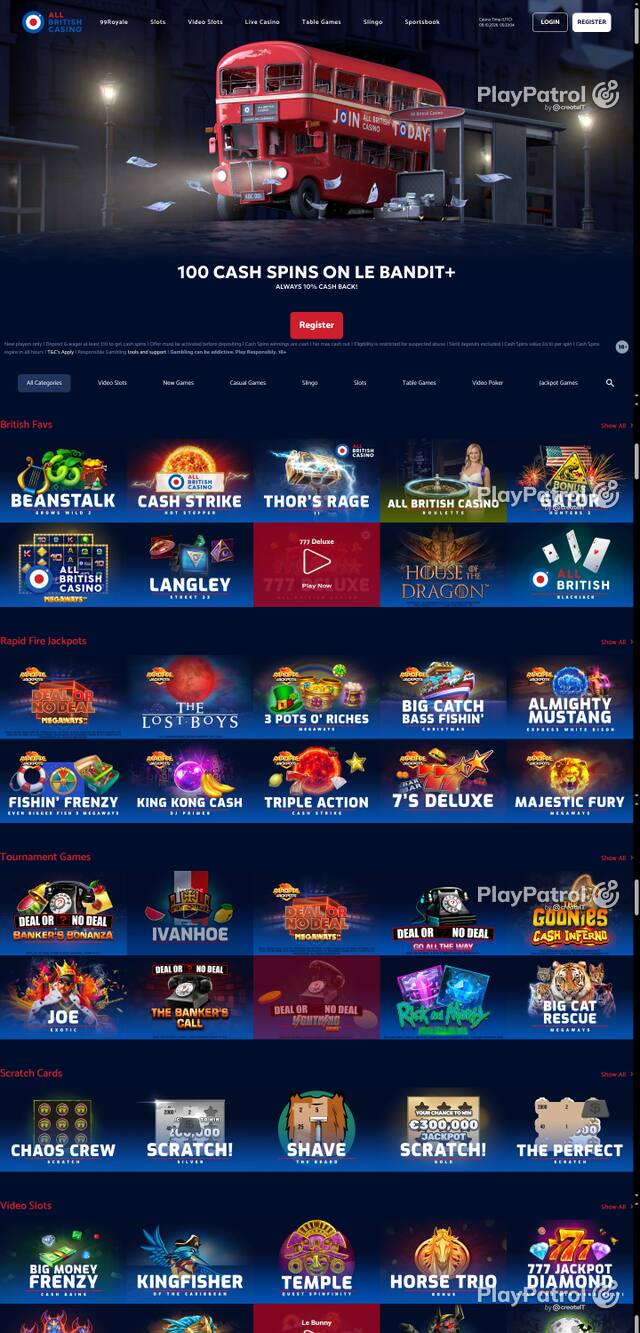 Capture of the front page of All British Casino (allbritishcasino.com) on 8 October 2026