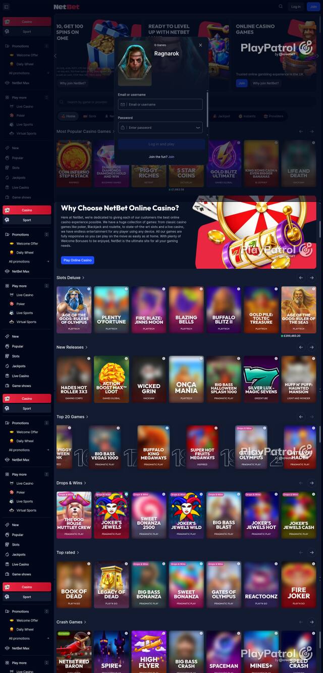 Capture of the front page of NetBet Casino (netbet.co.uk) on 19 October 2026