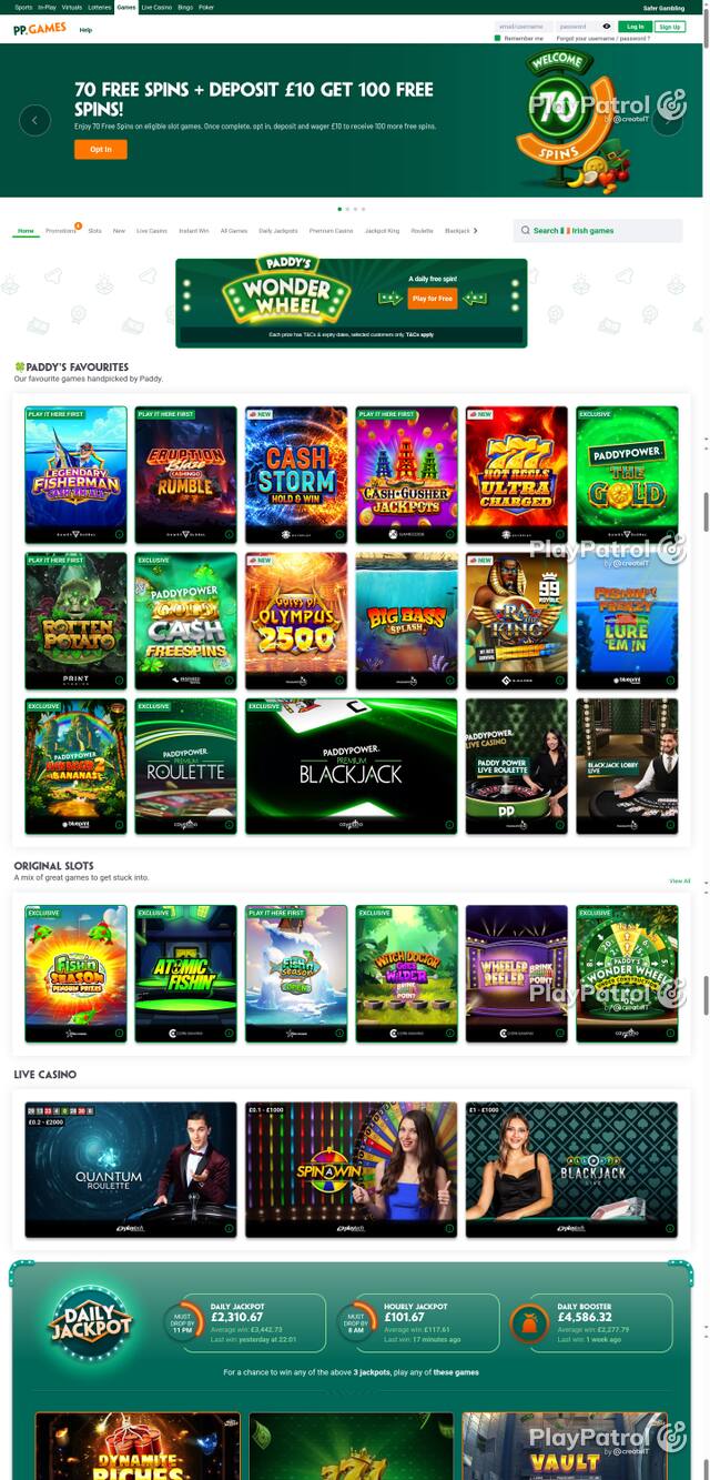 Capture of the front page of Paddy Power Games (games.paddypower.com) on 14 October 2026
