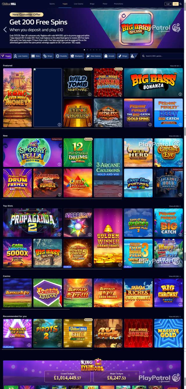 Capture of the front page of William Hill (vegas.williamhill.com) on 30 October 2026