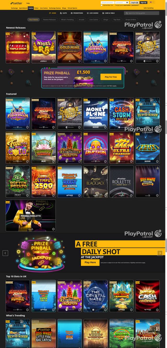 Capture of the front page of Betfair Casino (casino.betfair.com) on 18 October 2026