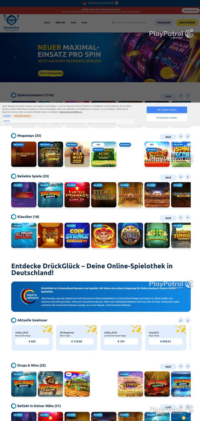 Homepage capture of DrückGlück recorded during the scan